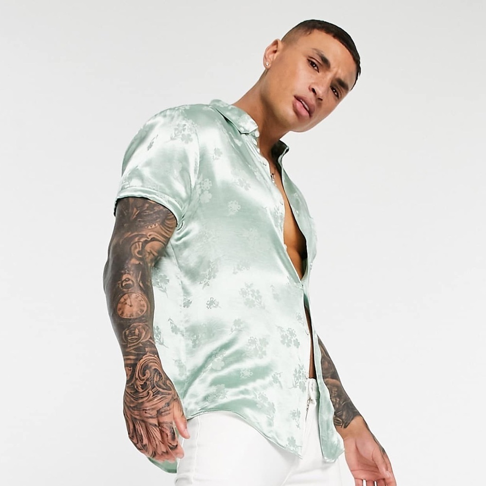ASOS DESIGN button down shirt in mint green | satin jacquard | M | NEW - Picture 7 of 8